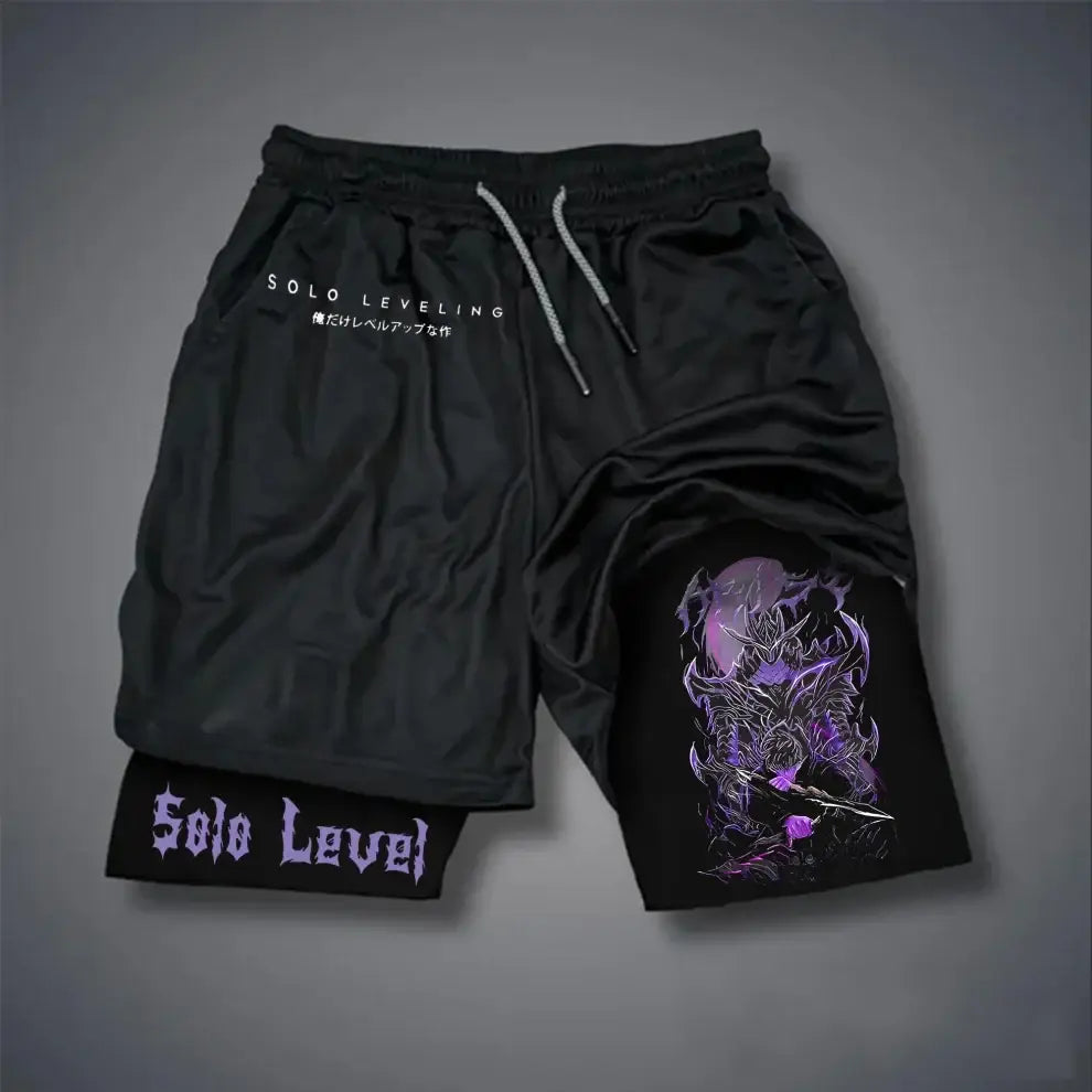 Black sung jinwoo compression shorts featuring vibrant purple and white solo leveling warrior graphic with quick-dry fabric
