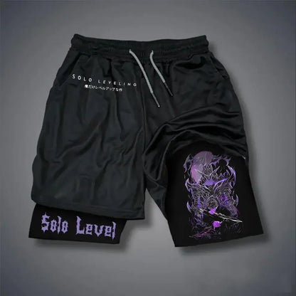 Black sung jinwoo compression shorts featuring vibrant purple and white solo leveling warrior graphic with quick-dry fabric