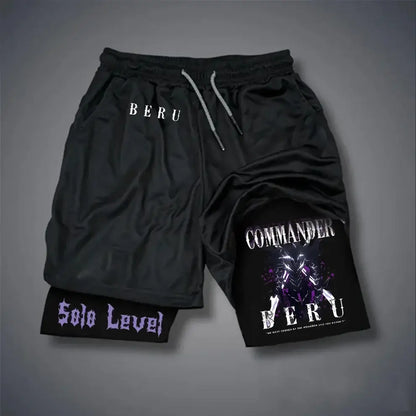 Black sung jinwoo compression shorts with commander graphic and purple text quick-dry solo leveling shorts