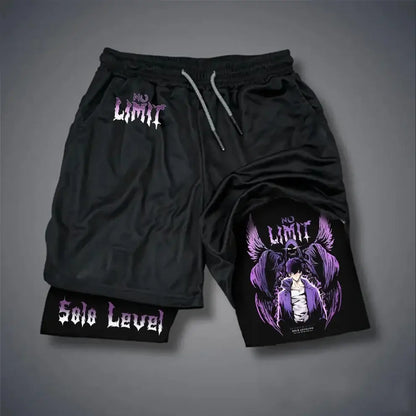 Black sung jinwoo compression shorts with vibrant purple white no limit graphic and solo leveling side pockets quick dry