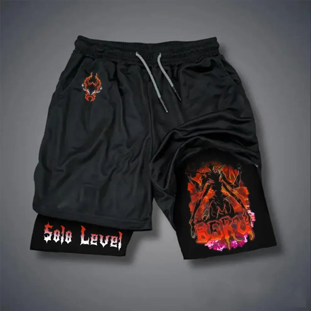 Black solo leveling sung jinwoo compression shorts with fiery orange pink berserk graphic and white solo leveling text hem