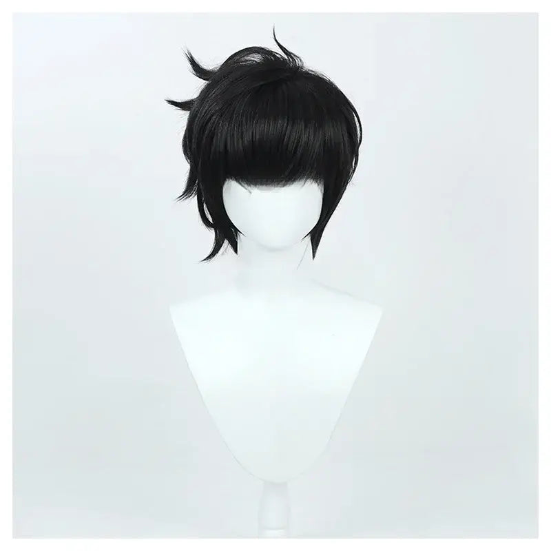 Short black synthetic cosplay wig with spiky cut and bangs for sung jinwoo solo leveling costume