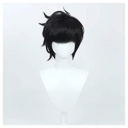 Short black synthetic cosplay wig with spiky cut and bangs for sung jinwoo solo leveling costume