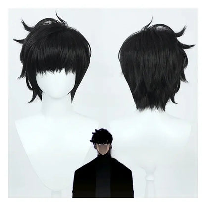 Black synthetic solo leveling sung jinwoo cosplay wig with short black spiky layered cut and bangs
