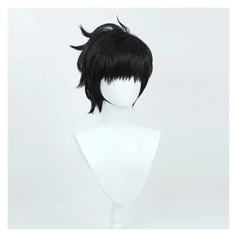 Black synthetic short black cosplay wig with spiky layers and blunt fringe for sung jinwoo solo leveling look