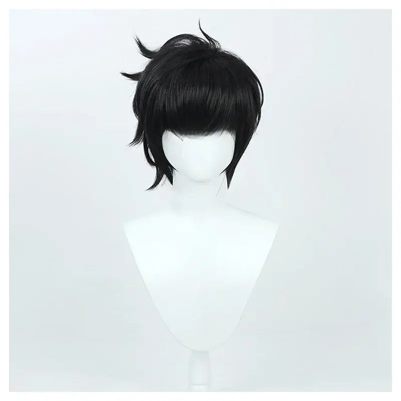 Black synthetic short black cosplay wig with spiky cut and bangs for sung jinwoo solo leveling costume