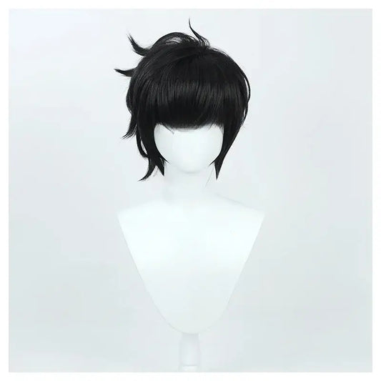 Black synthetic short black cosplay wig with spiky cut and bangs for sung jinwoo solo leveling costume