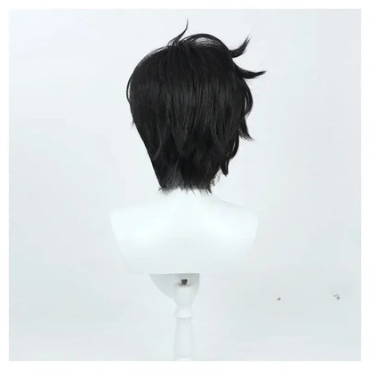 Short black synthetic wig with textured layered cut for sung jinwoo solo leveling cosplay