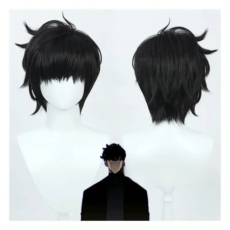 Short black synthetic wig with spiky layered cut and bangs for sung jinwoo solo leveling cosplay