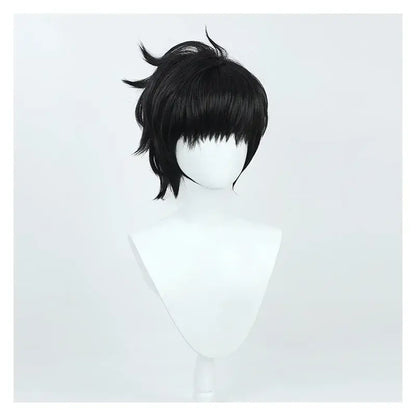 Black synthetic cosplay wig with short black spiky layers and blunt fringe for sung jinwoo solo leveling costume