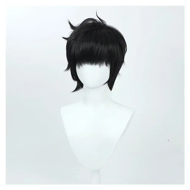 Short black synthetic cosplay wig with a spiky cut and straight bangs for sung jinwoo solo leveling cosplay