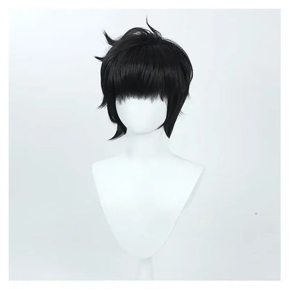 Short black synthetic cosplay wig with a spiky cut and straight bangs for sung jinwoo solo leveling cosplay