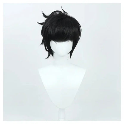 Short black synthetic cosplay wig with spiky cut and bangs for sung jinwoo solo leveling costume