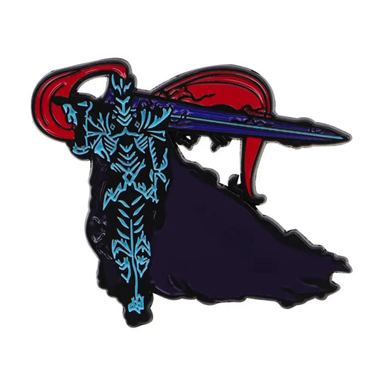 A dark solo leveling sung jinwoo enamel pin featuring black armor with blue patterns, a red-hilted sword, and purple cape
