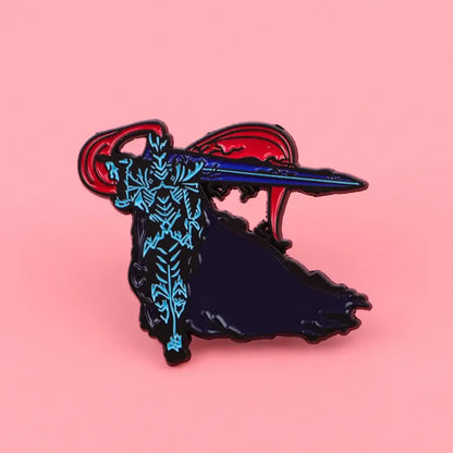 Glossy solo leveling sung jinwoo enamel pin featuring black figure with blue patterns and red wing-like armor holding sword