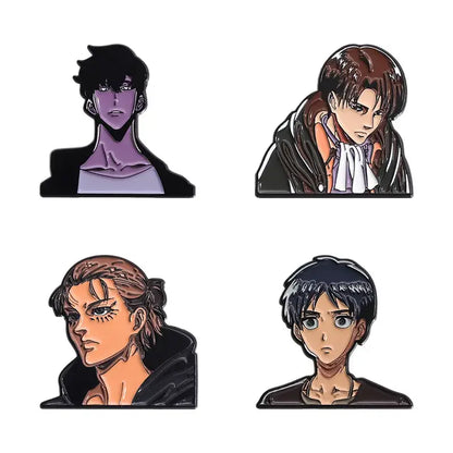 Set of four solo leveling sung jinwoo enamel pins with detailed portraits vibrant colors and glossy finish lapel badges