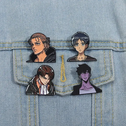 Four solo leveling sung jinwoo anime character enamel pins with detailed illustrations on a denim jacket pocket