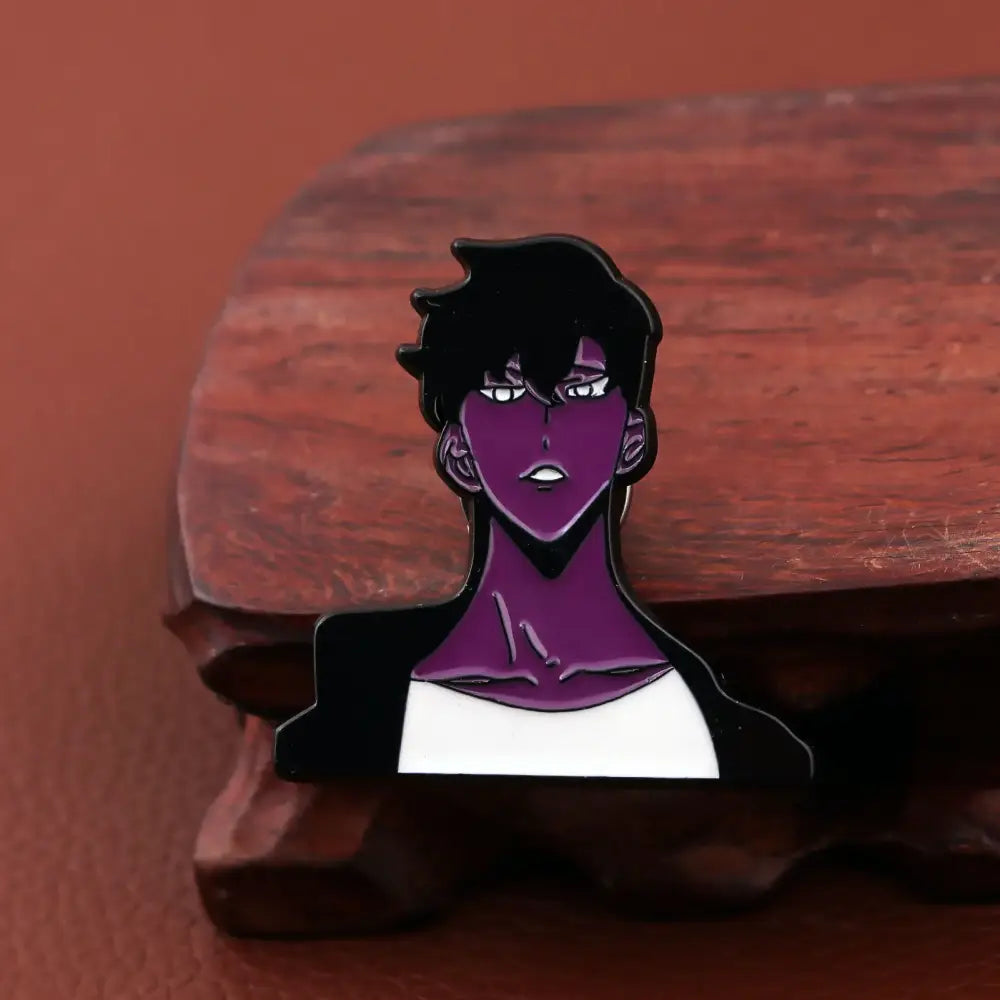 Purple and black solo leveling sung jinwoo enamel pin with white collar detail lapel badge accessory