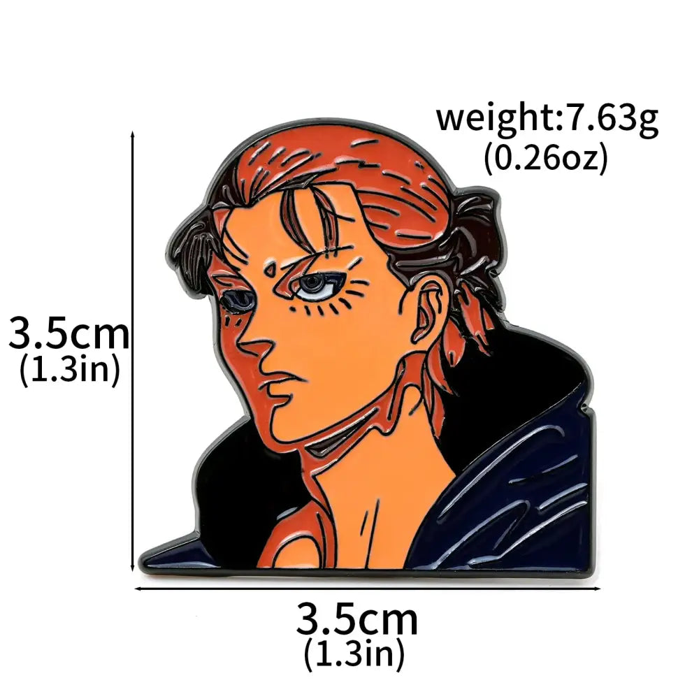 Orange and black enamel pin featuring solo leveling sung jinwoo with reddish-brown hair tied back lapel badge