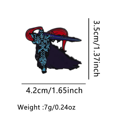 Solo leveling enamel pin featuring a dark blue armored figure with red wings and sword on a black background