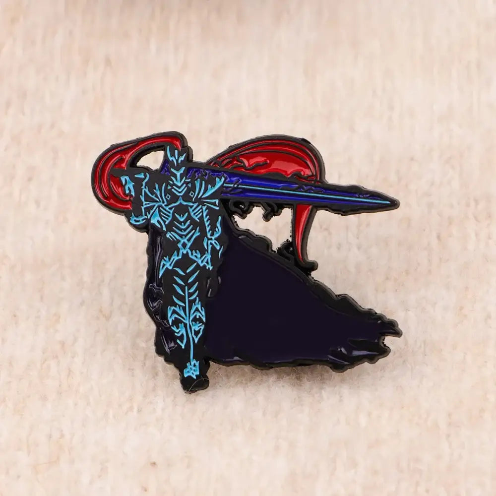 Solo leveling enamel pin featuring a black metal badge with blue patterns and a red sword held by sung jinwoo
