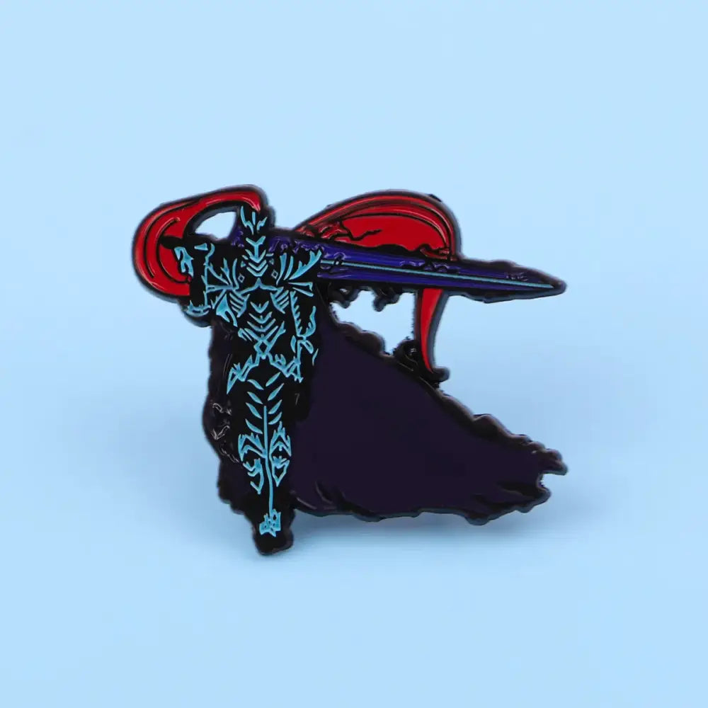 Dark souls enamel pin featuring a dark metal badge of a skeletal figure with ornate armor and red sword hilt