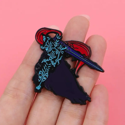 Solo leveling enamel pin featuring a dark metal badge with a skeletal figure holding a detailed sword in blue and red