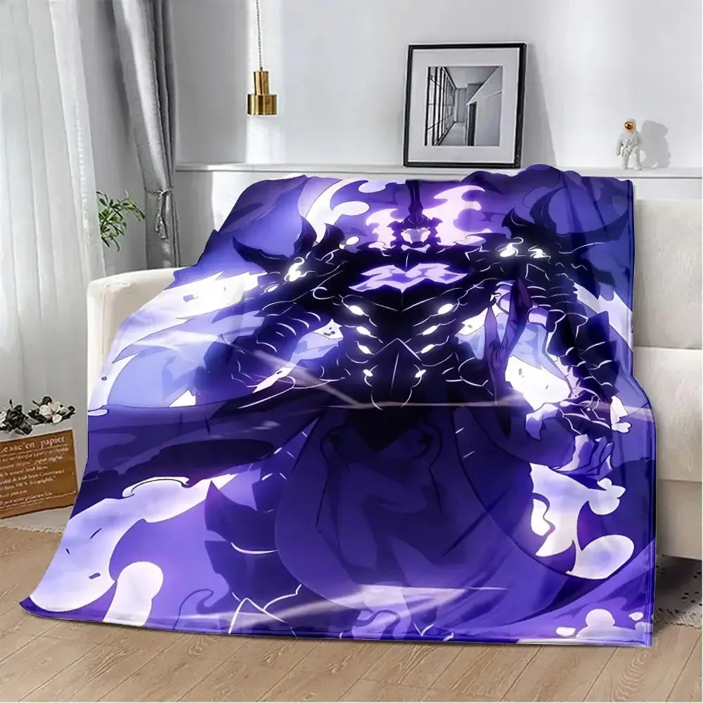 Purple and black solo leveling sung jinwoo flannel blanket with dynamic glowing dragon 3d print cozy design