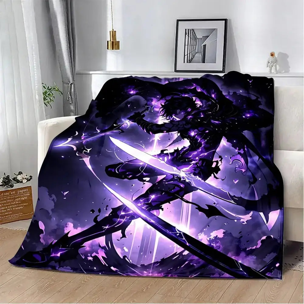 Purple and black solo leveling sung jinwoo flannel blanket with 3d print of dynamic character wielding glowing swords