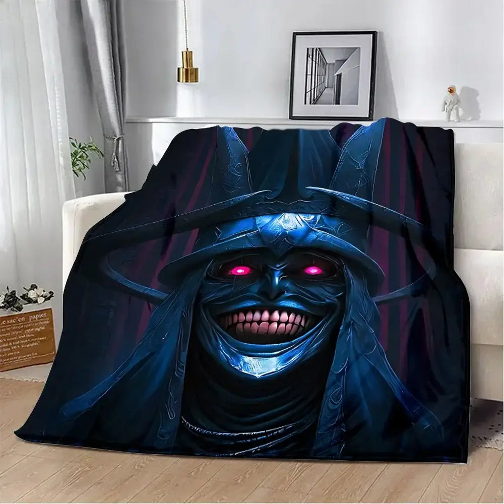 Solo leveling sung jinwoo flannel blanket with dark blue black 3d print demonic face and intricate armor design