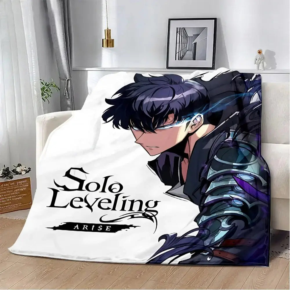White solo leveling sung jinwoo flannel blanket featuring 3d print anime character with dark hair and armor from solo leveling arise