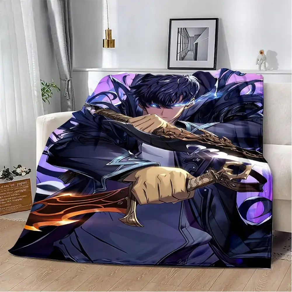 Purple and black solo leveling sung jinwoo flannel blanket featuring dynamic combat pose with glowing blue eyes and sword