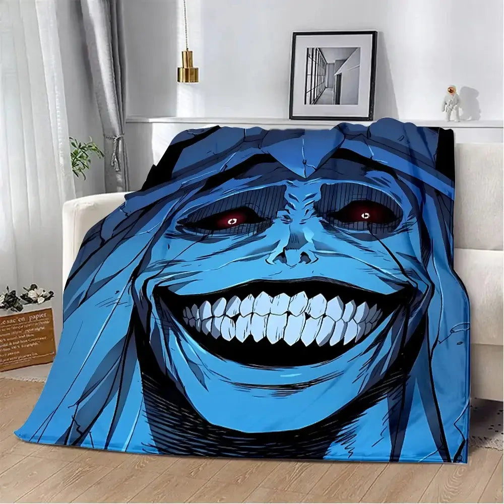 Blue solo leveling sung jinwoo flannel blanket with menacing wide grin, glowing red eyes, sharp white teeth, 3d print cozy