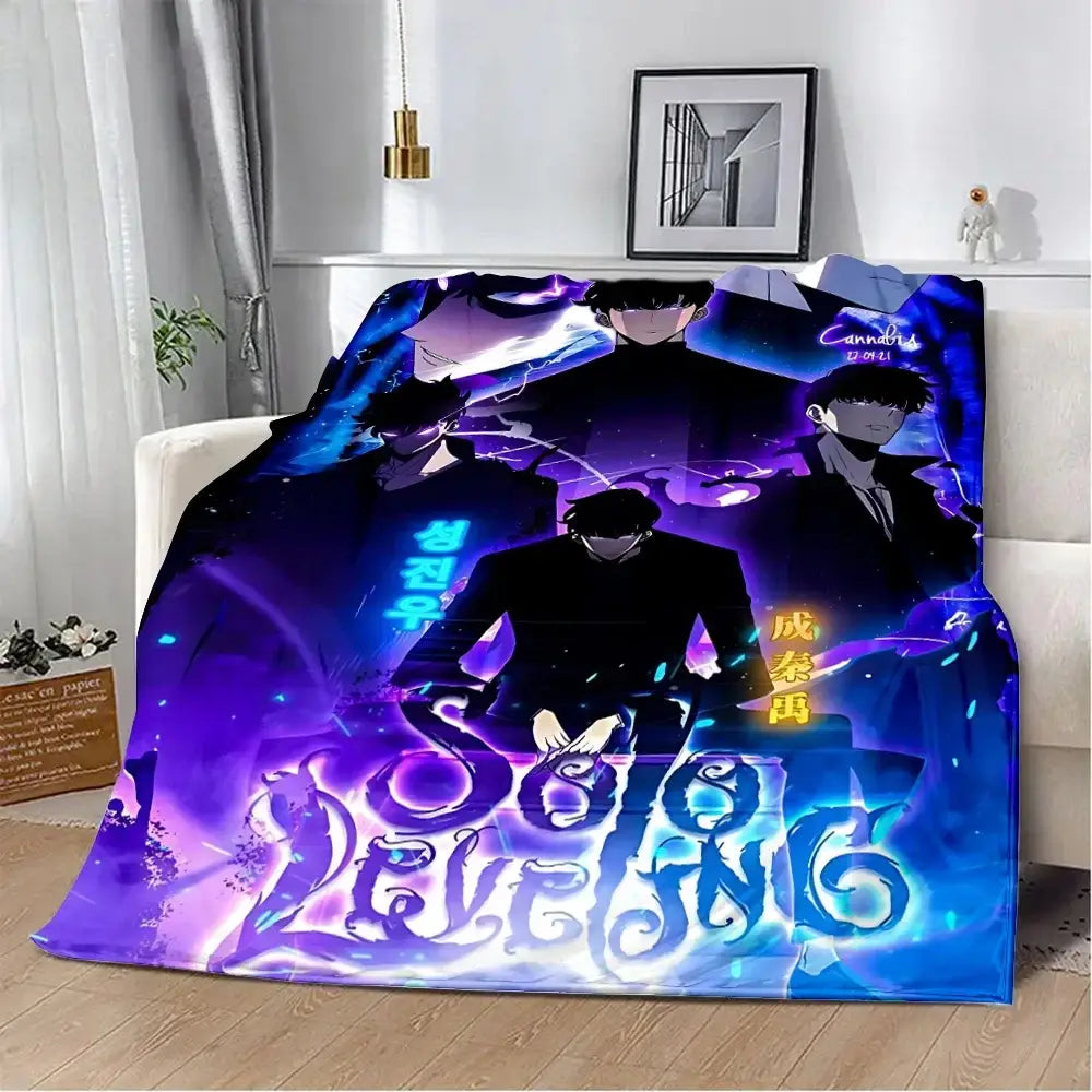 Vibrant purple and blue solo leveling sung jinwoo flannel blanket with 3d anime print and glowing text design