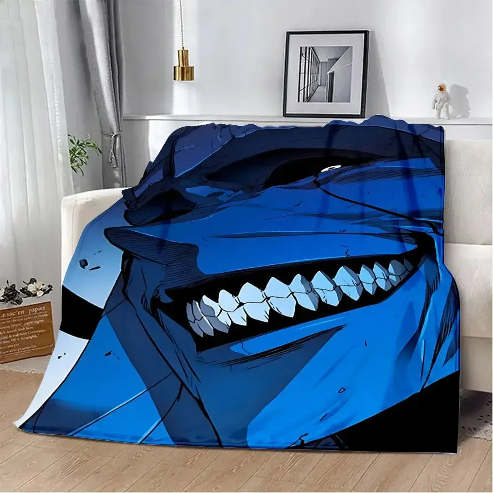 Blue anime-style shark solo leveling sung jinwoo flannel blanket with sharp white teeth and black accents cozy 3d print