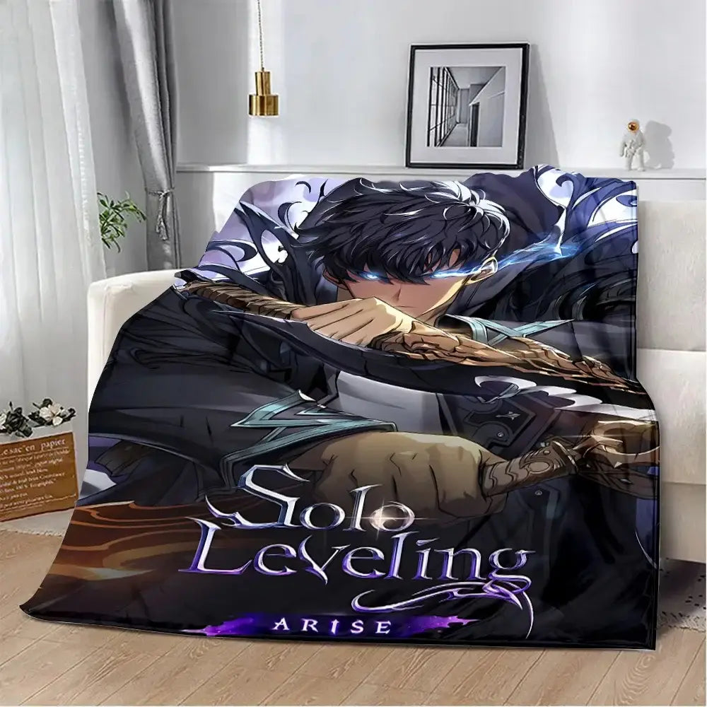 Dark-themed solo leveling sung jinwoo flannel blanket with 3d print anime character in vibrant purples blues and golds