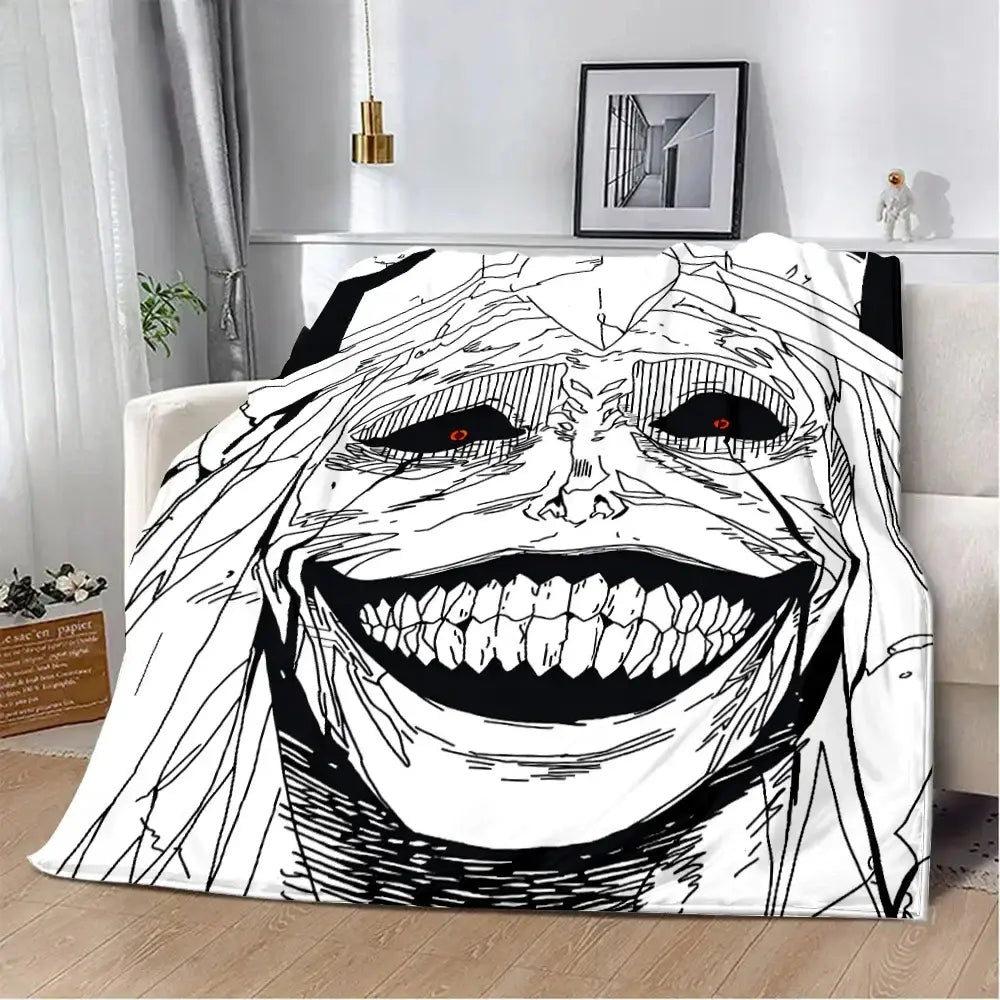 White solo leveling sung jinwoo flannel blanket with black line-art monstrous face red eyes and sharp teeth 3d print cozy
