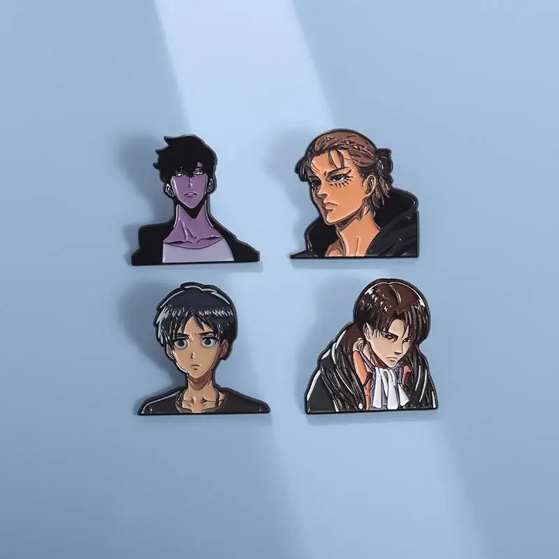Set of four solo leveling sung jinwoo lapel pins with detailed enamel portraits metallic finishes and black outlines