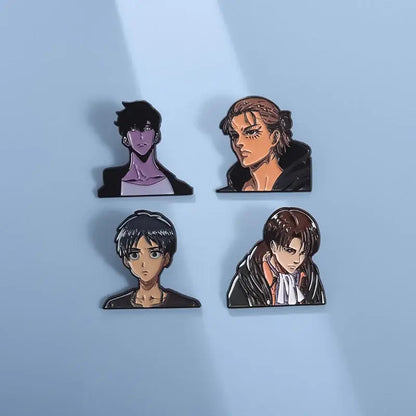 Set of four solo leveling sung jinwoo lapel pins with detailed enamel portraits metallic finishes and black outlines
