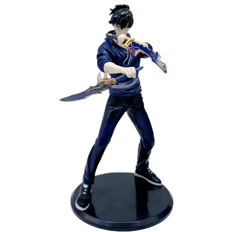 Blue hoodie-wearing solo leveling sung jinwoo pvc figure with black hair and dual swords on a circular base collectible model