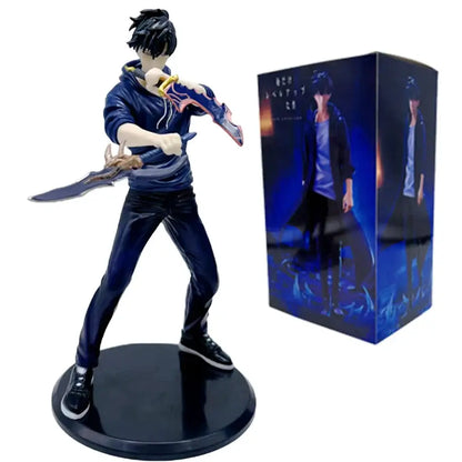 Blue solo leveling sung jinwoo pvc figure with black hair and sword standing on circular base collectible model