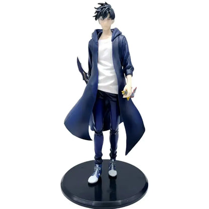 Dark blue hooded solo leveling sung jinwoo pvc figure with white shirt and pants standing on black circular base