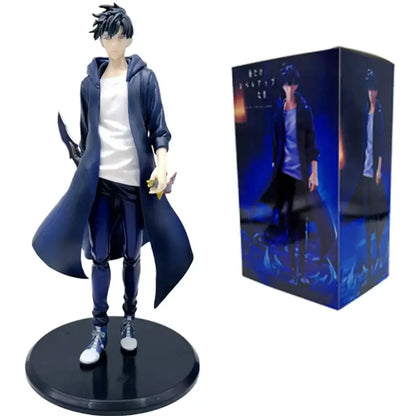 Dark blue long coat solo leveling sung jinwoo pvc figure with white shirt and black pants on circular base collectible model