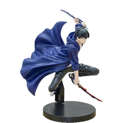 Blue and black solo leveling sung jinwoo pvc figure with flowing cape holding two swords in dynamic pose collectible model
