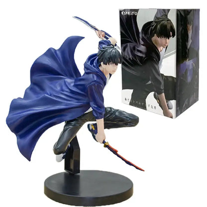 Solo leveling sung jinwoo pvc figure featuring black outfit blue cape sword on circular base collectible model