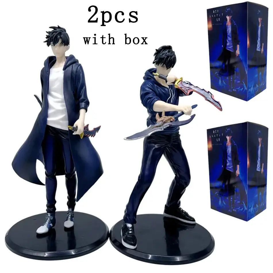 Two detailed solo leveling sung jinwoo pvc figures in dark blue coat and hoodie with swords on black circular bases