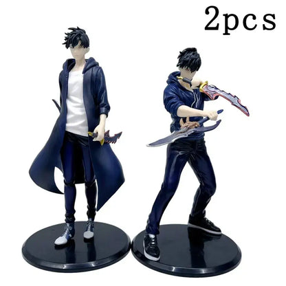 Two dark blue solo leveling sung jinwoo pvc figures with swords featuring red accents collectible model