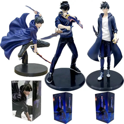 Three detailed blue and black solo leveling sung jinwoo pvc figures posed dynamically with swords collectible model