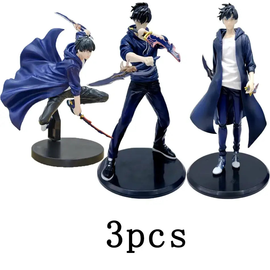 Three dark-haired sung jinwoo pvc figures in navy blue clothing on black bases from solo leveling collectible model