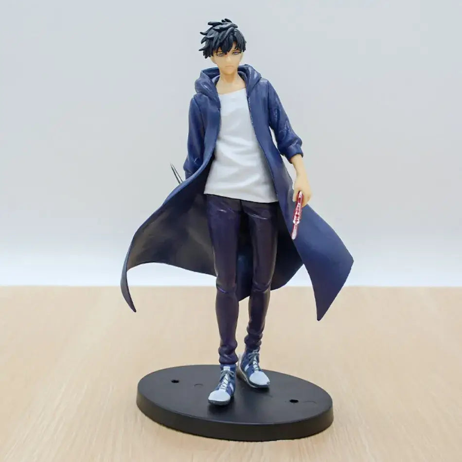 Solo leveling sung jinwoo pvc figure featuring blue hooded coat, black spiky hair, white shirt, and dark pants collectible model